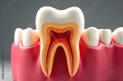 gum with teeth in the section. Teeth have caries and dark spots. Dental diseases. Treatment of pulpitis. advertising of a dental clinic. medical concept.