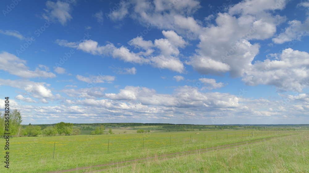 A stunning and captivating panoramic landscape features a bright blue sky and vibrant green fields Time lapse. A stunning and captivating panoramic landscape features a bright blue sky and vibrant green fields Time lapse.
