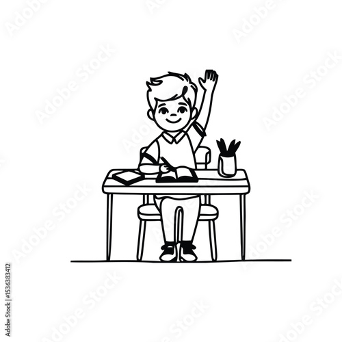 Child Sitting at Desk with Raised Hand and Open Book, Minimalist Black Line Vector Depicting Learning, Curiosity, and School Participation