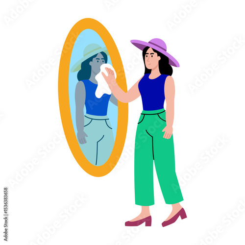 A flat style illustration showing user wiping mirror with cloth