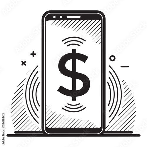 Minimalist black smartphone centered on white, screen displays radiating dollar sign icon (lower right). Stylized vector illustration representing modern contactless digital payment. Clean, functional