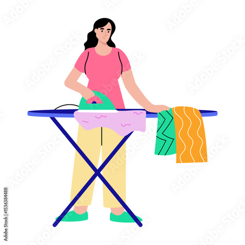 Flat style illustration showing character ironing clothes at home