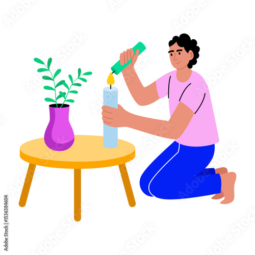 A flat style illustration showing a person lighting candle