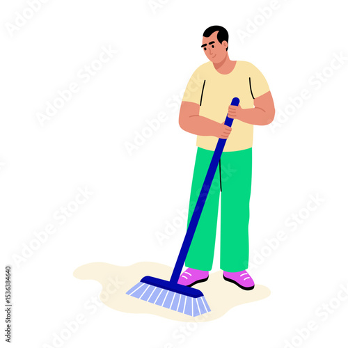 Flat style illustration showing person sweeping floor with broom