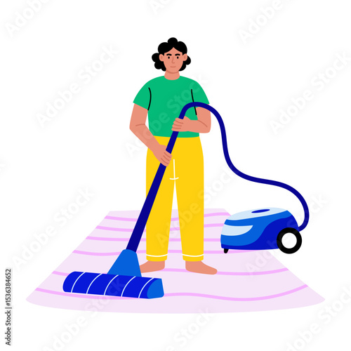 Flat illustration showing a person cleaning with a vacuuming machine