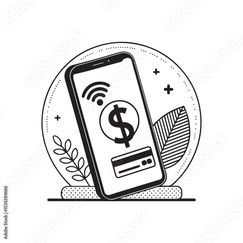 Minimalist black smartphone centered on white, screen displays radiating dollar sign icon (lower right). Stylized vector illustration representing modern contactless digital payment. Clean, functional