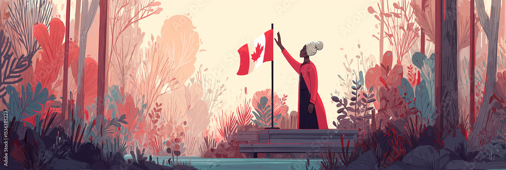 Fototapeta premium Stylized illustration of Indigenous-Black woman on her back yard