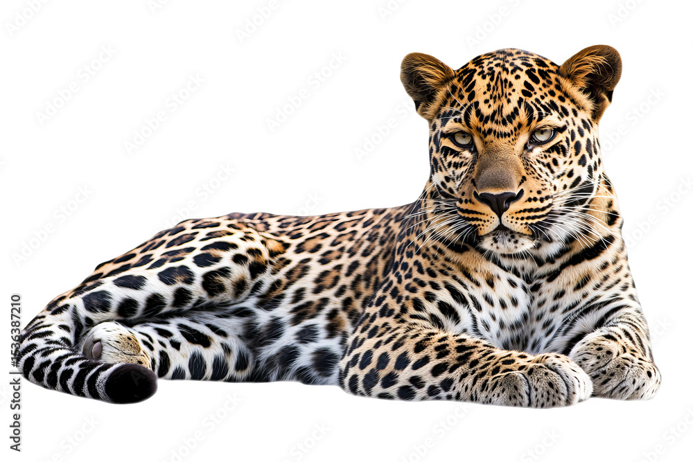 Obraz premium Majestic African leopard isolated in high-resolution PNG cutout with transparent background, perfect for wildlife illustrations, nature graphic design, and digital art compositions