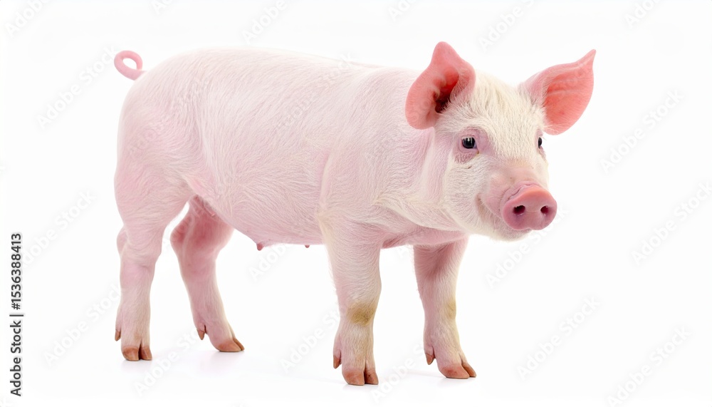Fototapeta premium Cute Pink Piglet Standing Isolated on White Background, Full Body Side View