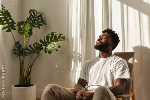 Black Man Meditating in a Sunlit Room During His Morning Wellness Ritual