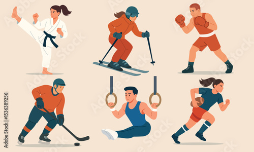 Vector illustration of male and female athletes performing different sports, including karate, skiing, boxing, hockey, gymnastics, and rugby. 