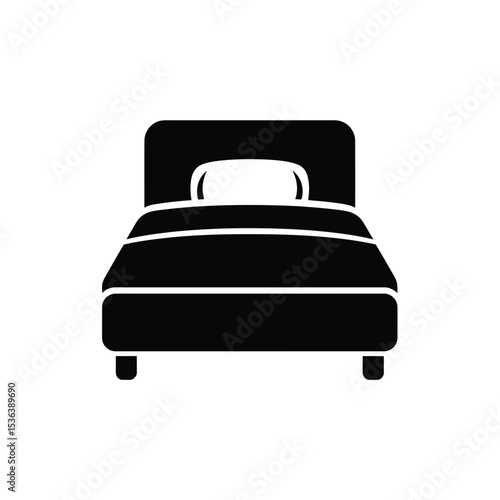 Minimalist black and white icon of a single bed, symbolizing rest and comfort