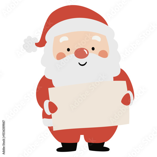 Cute Santa Claus in childish simple style holds a sign, a place for your text. Flat vector illustration on white background. Vector illustration