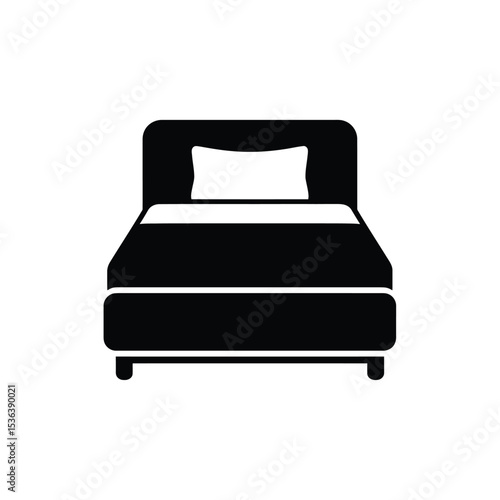 Minimalist black and white icon of a single bed, symbolizing rest and comfort