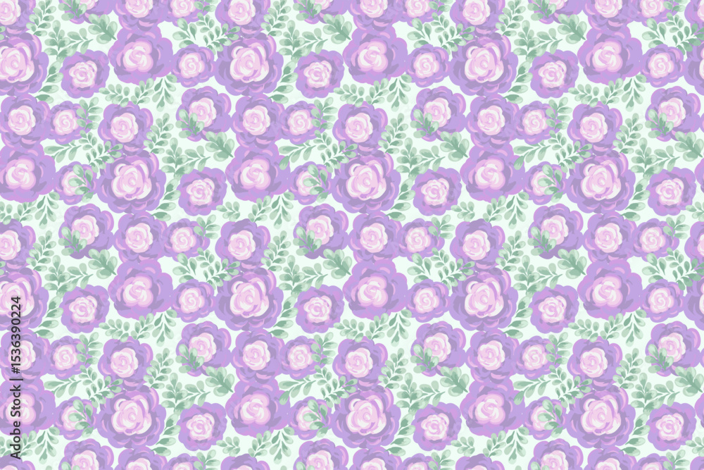Pastel seamless floral pattern with hand painted purple, violet roses and leaves on a light background. Vector artistic brushstroke style, ideal for fabric, wallpaper, wrapping paper, decor