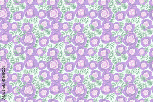 Pastel seamless floral pattern with hand painted purple, violet roses and leaves on a light background. Vector artistic brushstroke style, ideal for fabric, wallpaper, wrapping paper, decor