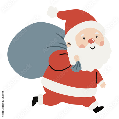 Cute Santa Claus carrying a sack of presents. Flat vector illustration on white background in simple child style. Vector illustration
