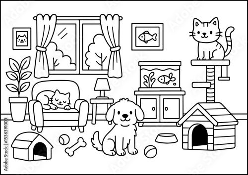 Anthropomorphic Animals, coloring page, A home full of furry friends — dogs, cats, and fish all living happily together.