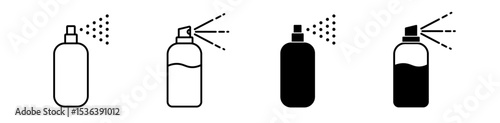 Bottle spray icon set. Aerosol, deodorant, air freshener, cleanser, furniture polish, repellent symbol. Editable stroke. Vector illustration. 