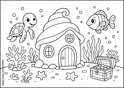 Anthropomorphic Animals, coloring page, A magical undersea home surrounded by colorful fish, treasure, and coral reefs.