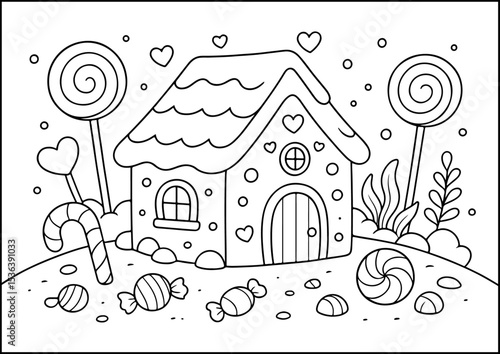 Anthropomorphic Animals, coloring page, A delicious candy house with treats everywhere, straight out of a fairy tale.
