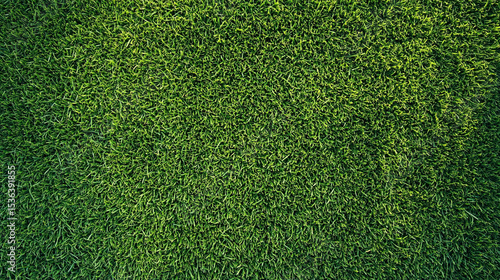 Fototapeta Naklejka Na Ścianę i Meble -  Top-down view of a lush green lawn with thick, neatly trimmed grass. Vibrant meadow texture under warm morning sunlight, ideal for park, garden, or eco-friendly nature backgrounds.

