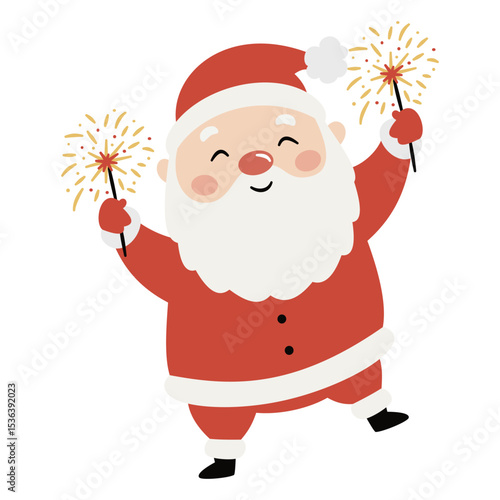 Cute Santa Claus holding bengal lights and having fun. Flat vector illustration on white background in simple child style. Vector illustration