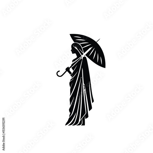 Person Holding Umbrella in Flowing Traditional Garment, Graceful Black Silhouette Capturing Rainy Mood and Cultural Elegance