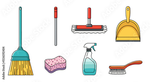 Illustration of various cleaning supplies including a broom mop sponge and spray bottle and dustpan tool