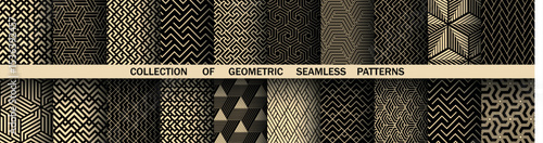 Geometric set of seamless black and golden patterns. Simple vector graphics