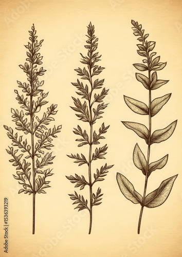 Leaves and branches of a plant on a beige background.
