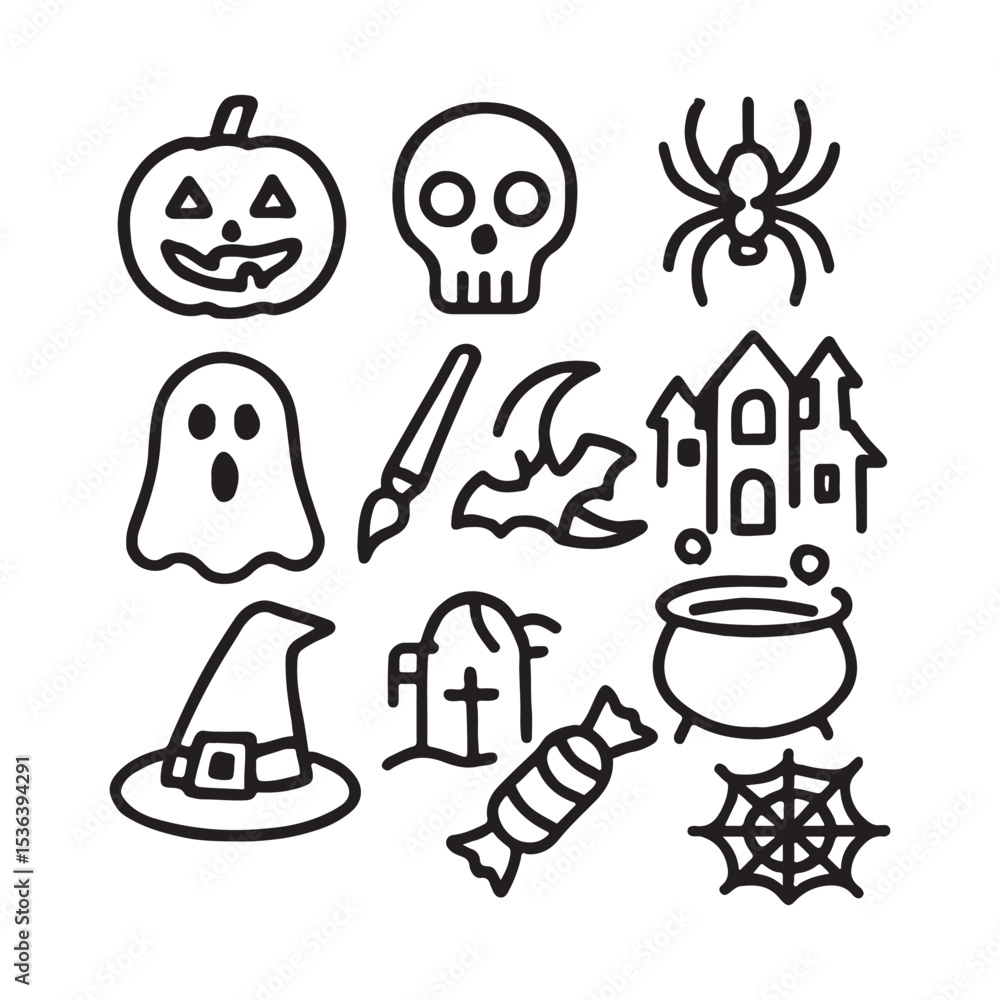 Obraz premium Halloween Silhouette Icons: Witch, Skull, Ghost, and Spooky Tree
