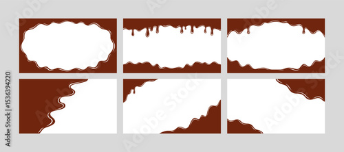 Melted chocolate liquid drips borders on white background set. Sweet chocolate cream or syrup flowing frames collection. Dripping chocolates isolated pack. Spilled, drop, leak. Vector illustration