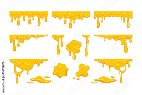 Melted Honey drip liquid vector set. Melting cheese drips element pack. Set of yellow syrup liquid, melted sauce flowing illustration. Spilled, drop, leak, splash, slime for food and drink products
