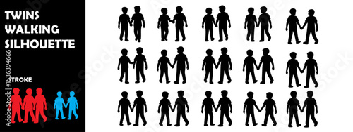 Twins Walking Silhouette Vector Set – Sibling Love and Childhood Moments