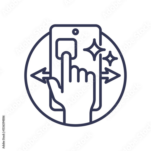 An icon of a hand swiping on a smartphone, symbolizing the excitement of digital discovery. Sparkles and arrows highlight the thrill of exploring new content and possibilities with a simple gesture.