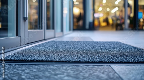 A blue doormat is set outside a building's automatic doors, entrance. Use to show hygiene, cleanliness, or entry points in commercial areas.