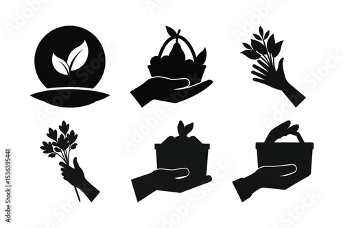 Black Silhouette Icons Depicting Hands Holding Plants and Fruits Symbolizing Agriculture and Nature Conservation Efforts
