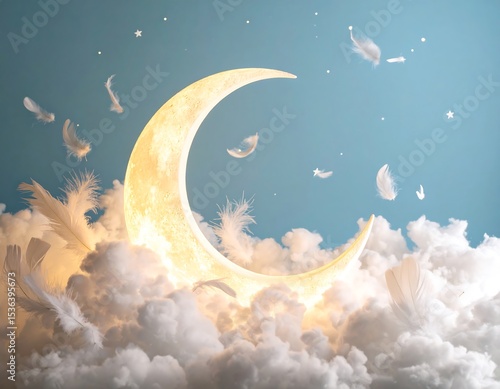 Crescent moon nestled in fluffy clouds