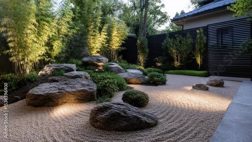 Wallpaper Mural Backyard with zen rock garden, raked gravel, sculptural plants and spotlighting for clean evening mood Torontodigital.ca