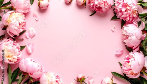 Fototapeta Naklejka Na Ścianę i Meble -  Pink peony flowers border on pastel pink background with springtime floral frame.