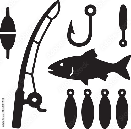 Fishing Silhouette Icons: Angler, Fish, Hook, Floats & Reel