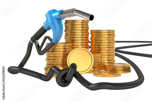 Coin and gas pump nozzle tied in a knot on white background. Isolated 3D illu...