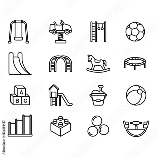 Collection of icons related to children's playground. Thin line vectors. Contains icons such as trampoline, slide, swing and more.
