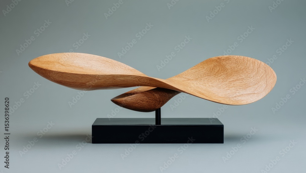 Abstract wooden sculpture; two flowing, organic forms interlocked and balanced on a dark base Abstract wooden sculpture; two flowing, organic forms interlocked and balanced on a dark base