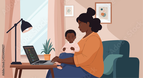 Mother working on laptop while holding baby in cozy living room, Flat vector Art    