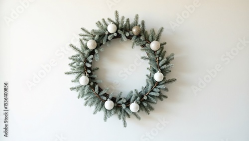 Frosted pine Christmas wreath with white ornaments on wall