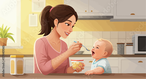 Mother feeding baby with spoon in kitchen during daytime, Flat vector Art    