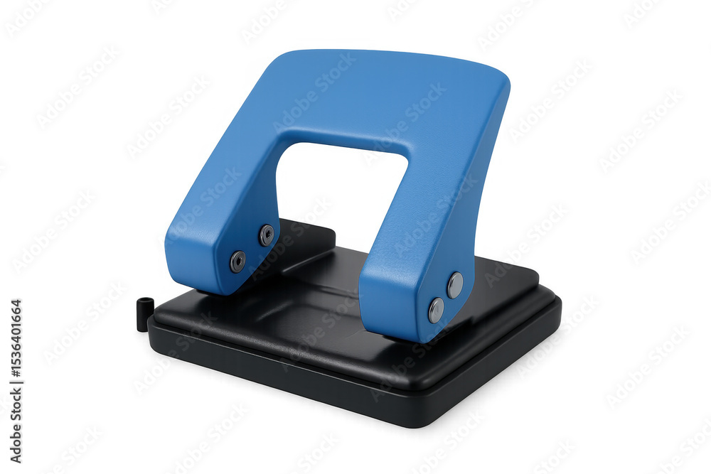 Blue-black office hole punch perforating paper sheets with precision, resting on clean transparent surface, professional stationery tool Blue-black office hole punch perforating paper sheets with precision, resting on clean transparent surface, professional stationery tool
