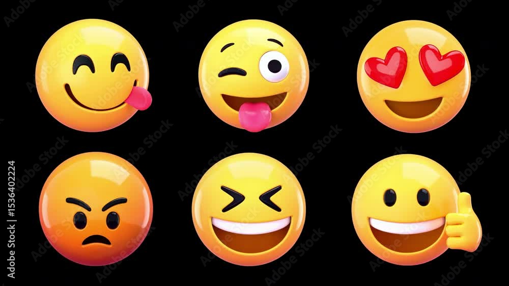 Vibrant expressive emoji collection animation isolated asset, transparent 4K video, alpha channel, ProRes 4444 set